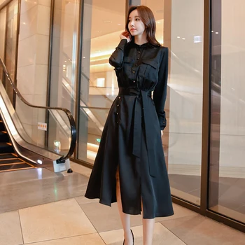 2023 Осень Зима Корейская мода Черное Атласное платье-рубашка Элегантное Женское Однобортное платье на шнуровке с разрезным поясом Офисная Миди одежда